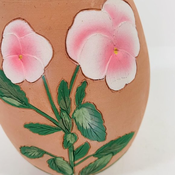 Terracotta Pottery Planter Handmade Etched Pink Pansies Pot Vase Artisans Signed - Picture 7 of 12